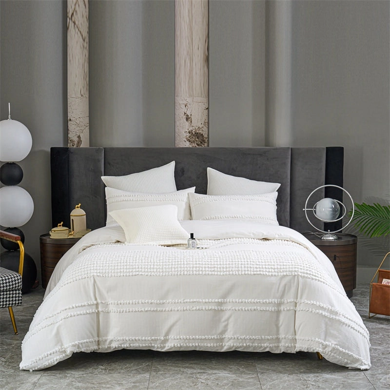 100% Cotton Tufted Stripe Pattern White Quilt Doona Duvet Cover Set