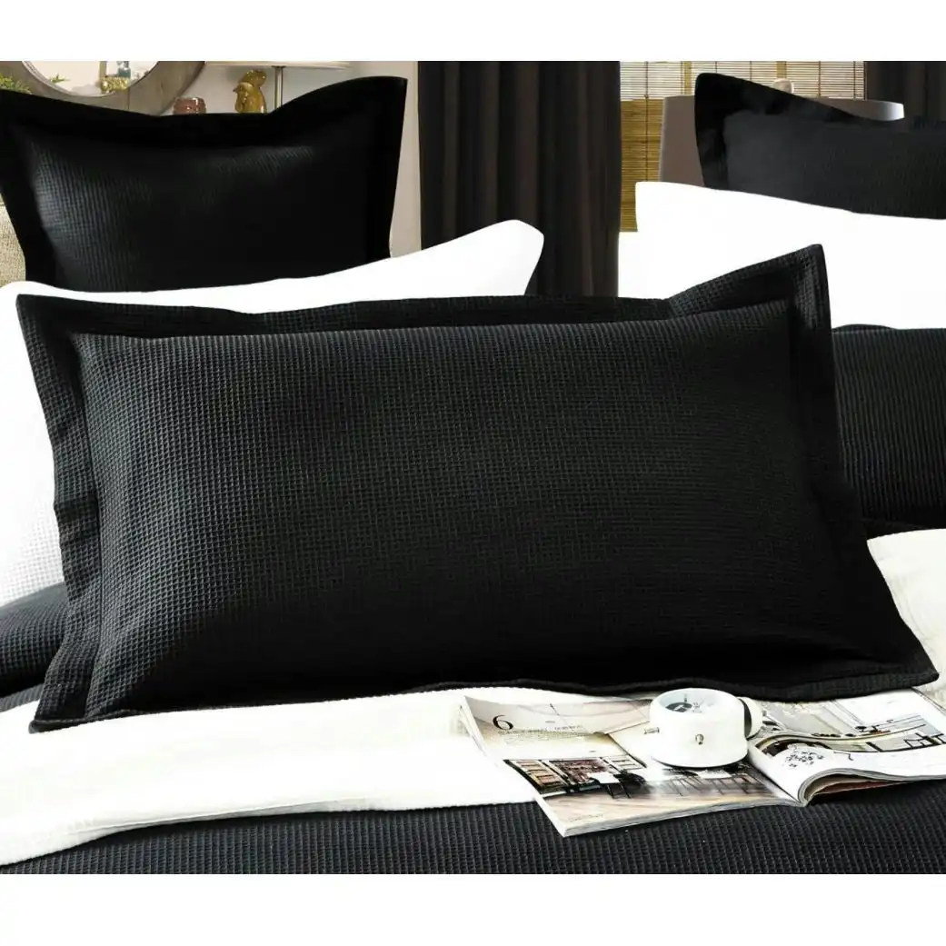 One Pair of 100% Cotton Black Waffle Pillowcases