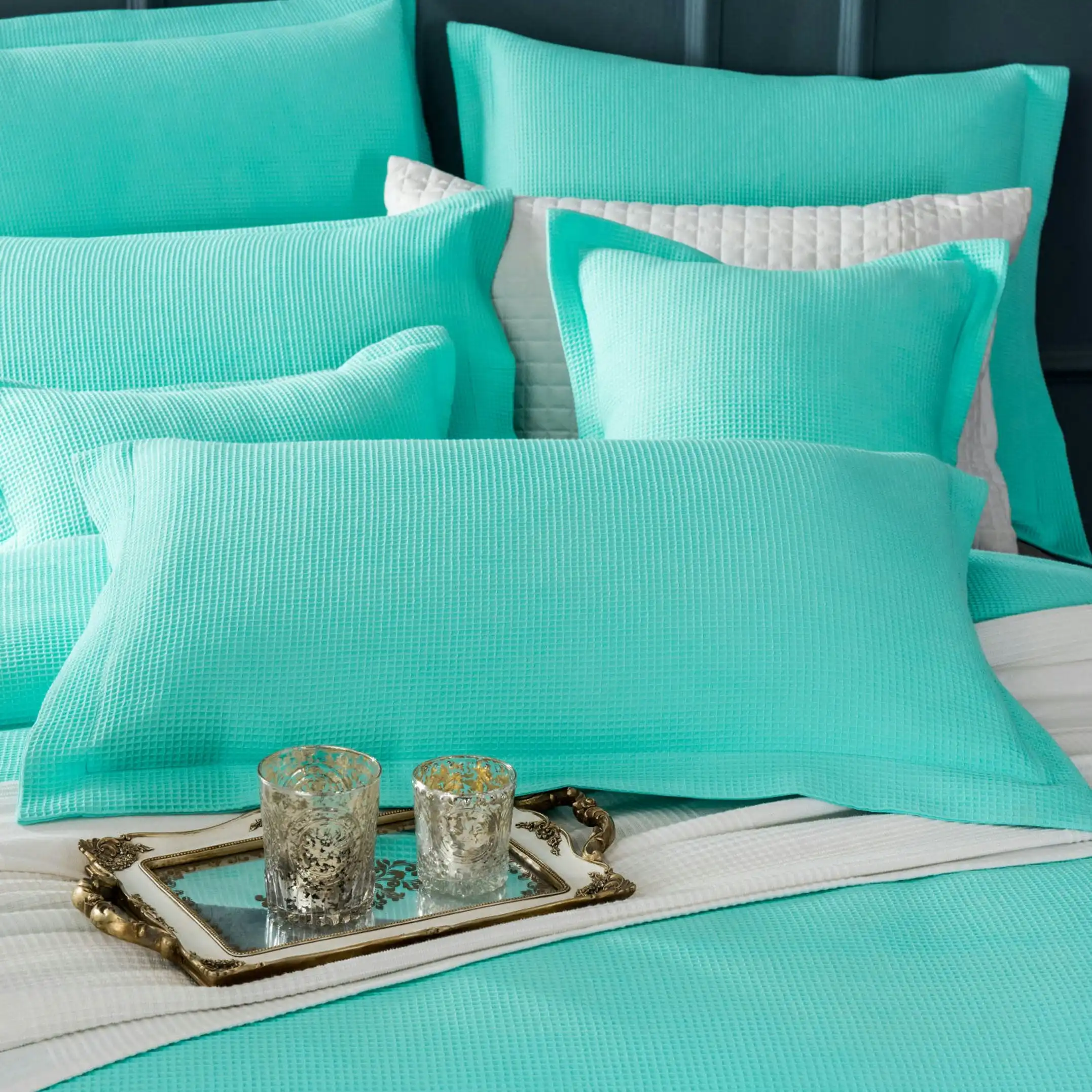 One Pair of 100% Cotton Aqua Waffle Pillowcases