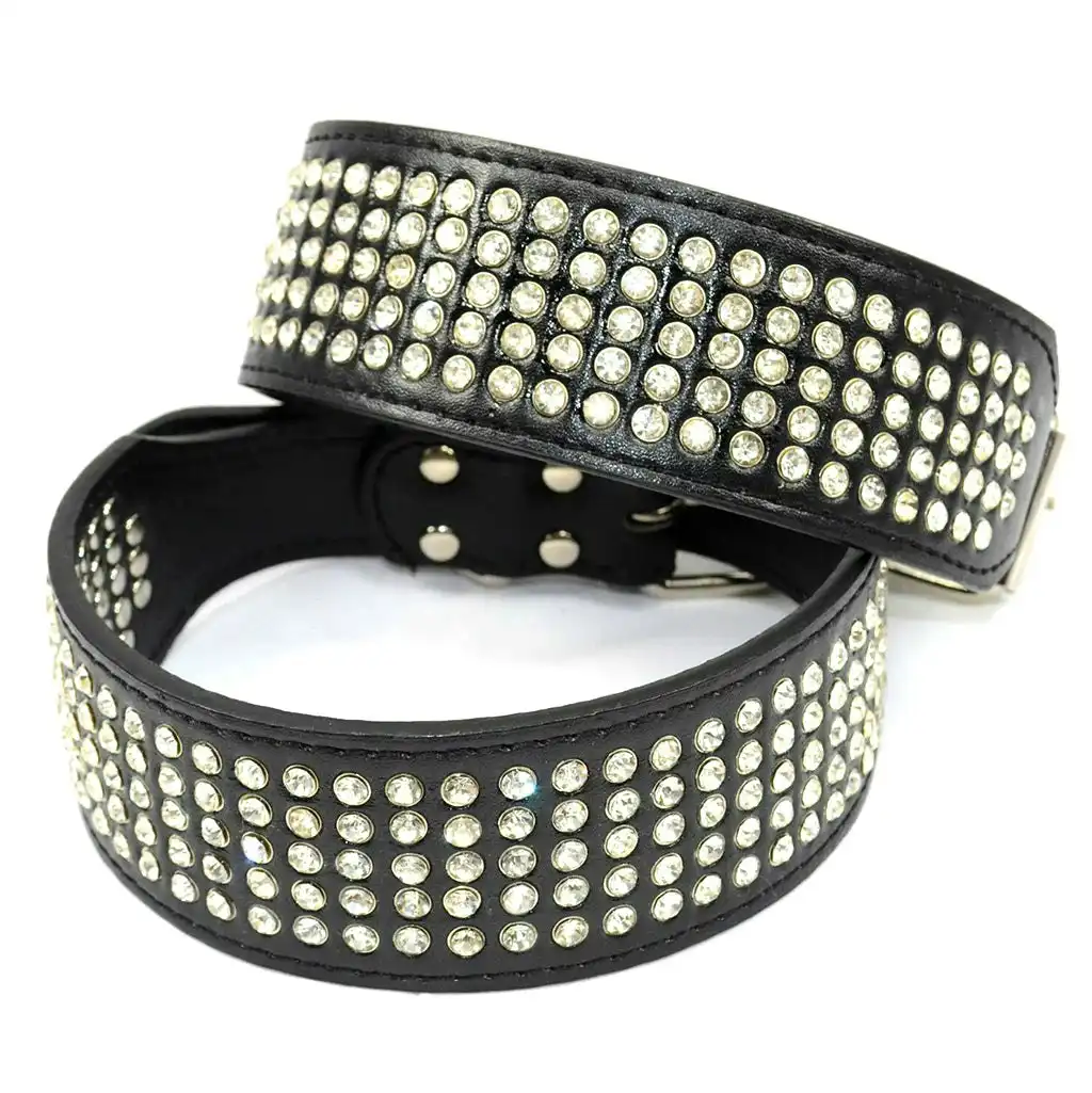 Dog Leather Collar Five Row BlingBling Rhinestone Diamante Collar Black S M L