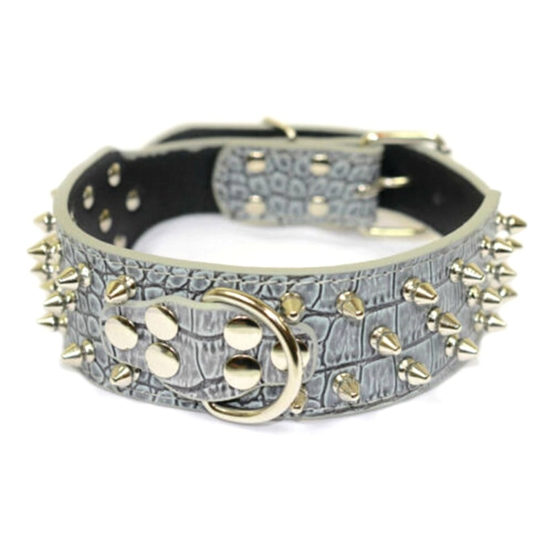 Dog Leather Collar Nickel Plated Non-sharp Spikes Adjustable Collar Grey