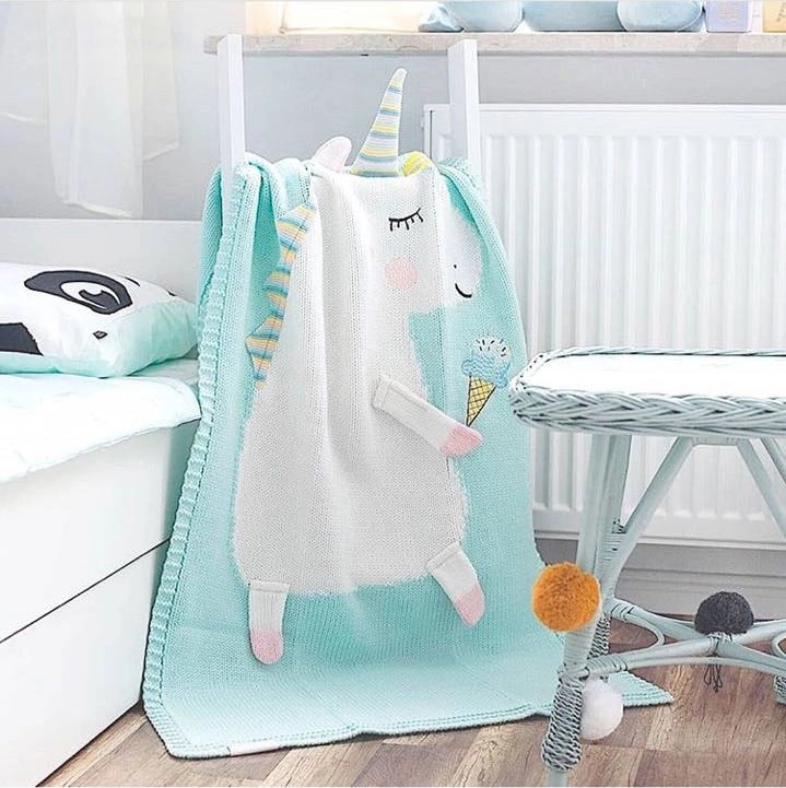 New Kids Children Cotton Knitted Blanket Unicorn Design Pram Blanket Throw