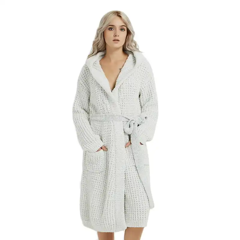 Autumn Winter Hooded Soft Warm Women Night Sleepwear Pyjamas Homewear Robe White