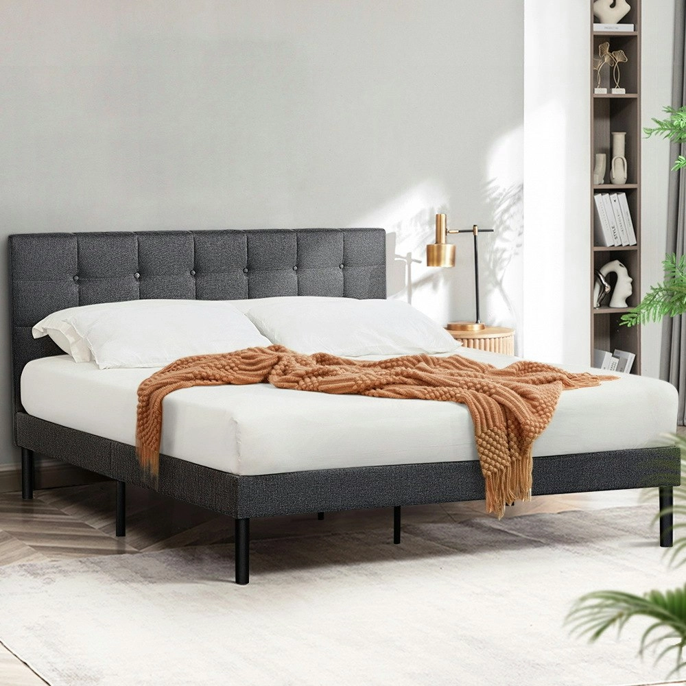 Furb King Platform Bed Frame with Upholstered Headboard Wooden Slats,Charcoal