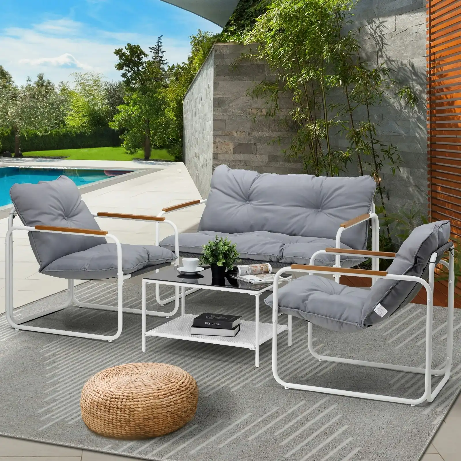 Livsip 4 Piece Outdoor Patio Sofa Set Lounge Furniture Garden Chairs Table White