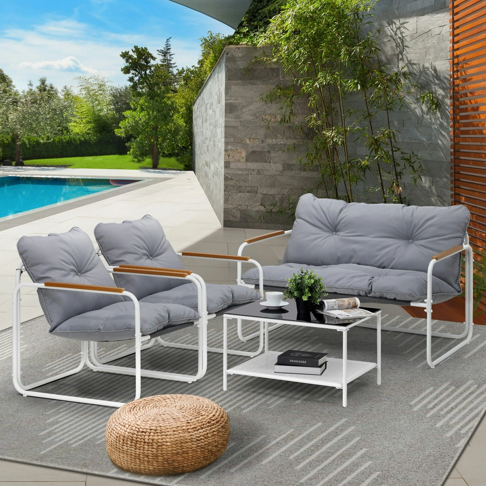 Livsip 4 Piece Outdoor Patio Sofa Set Lounge Furniture Garden Chairs Table White