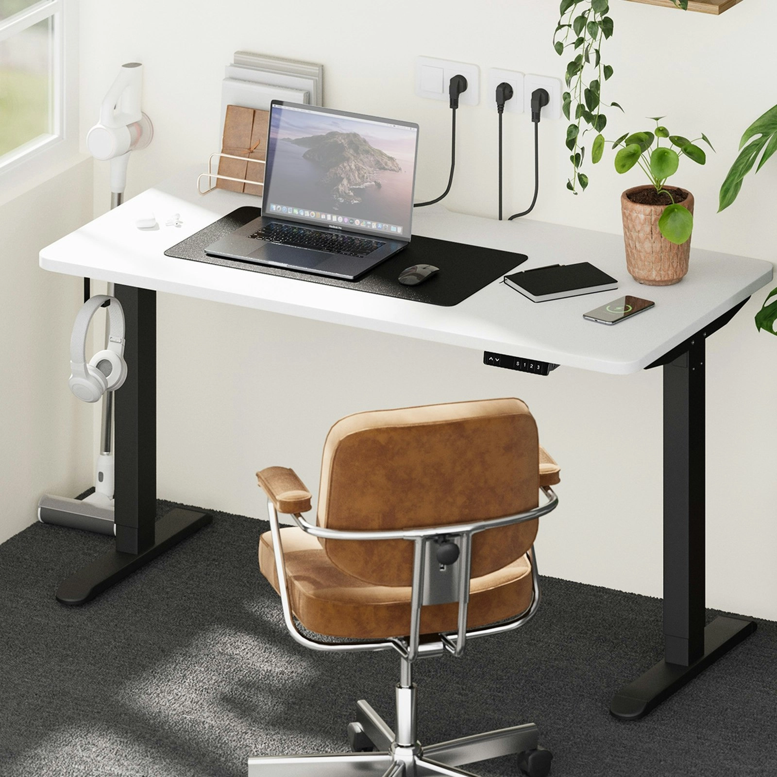 Oikiture Electric Standing Desk With Wireless Charging Single Motor Black Frame 140CM White Tabletop