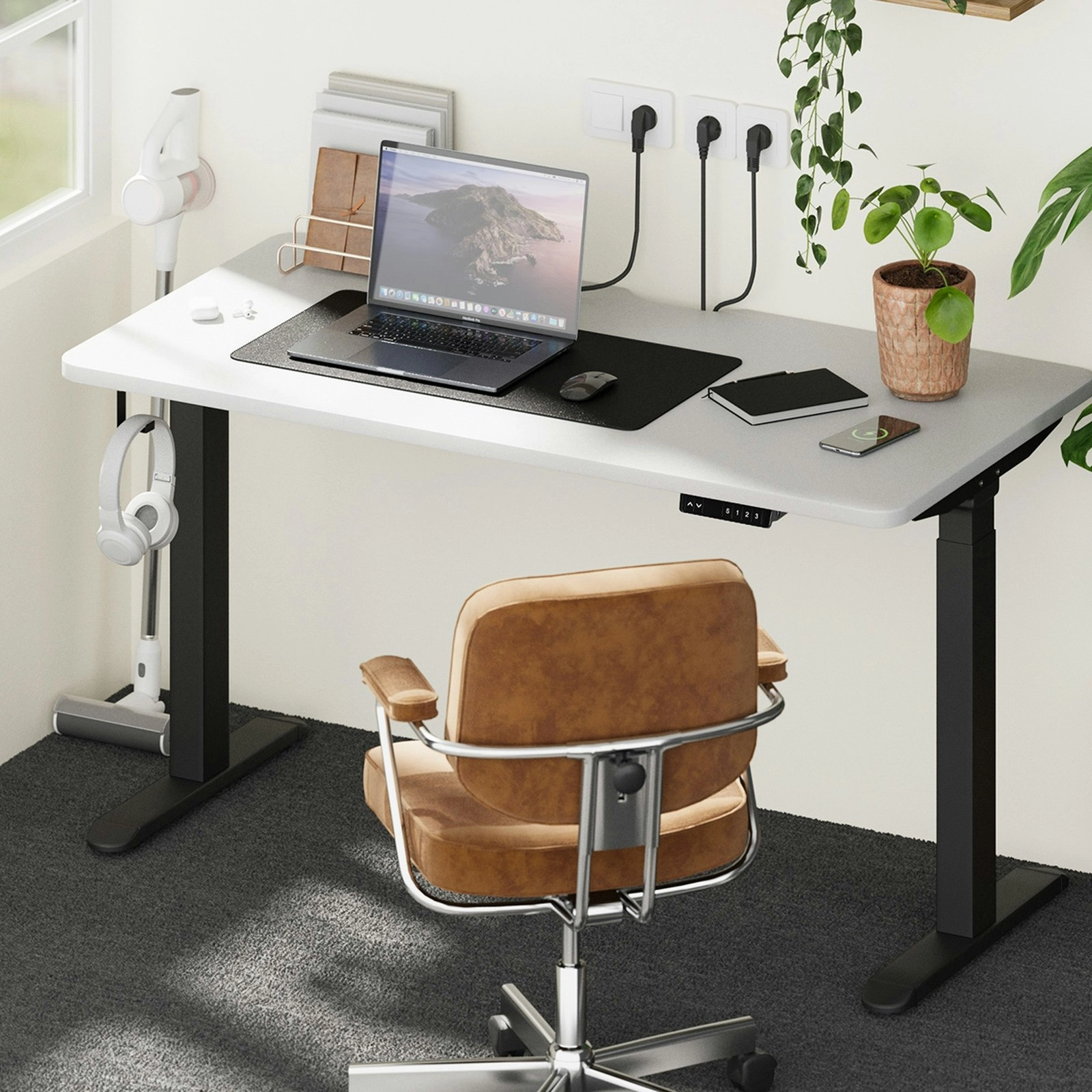 Oikiture Electric Standing Desk With Wireless Charging Dual Motor Black Frame 140CM White Tabletop