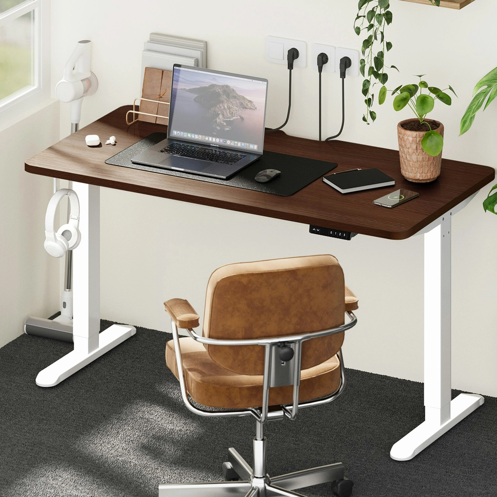 Oikiture Electric Standing Desk With Wireless Charging Single Motor White Frame 140CM Walnut Tabletop