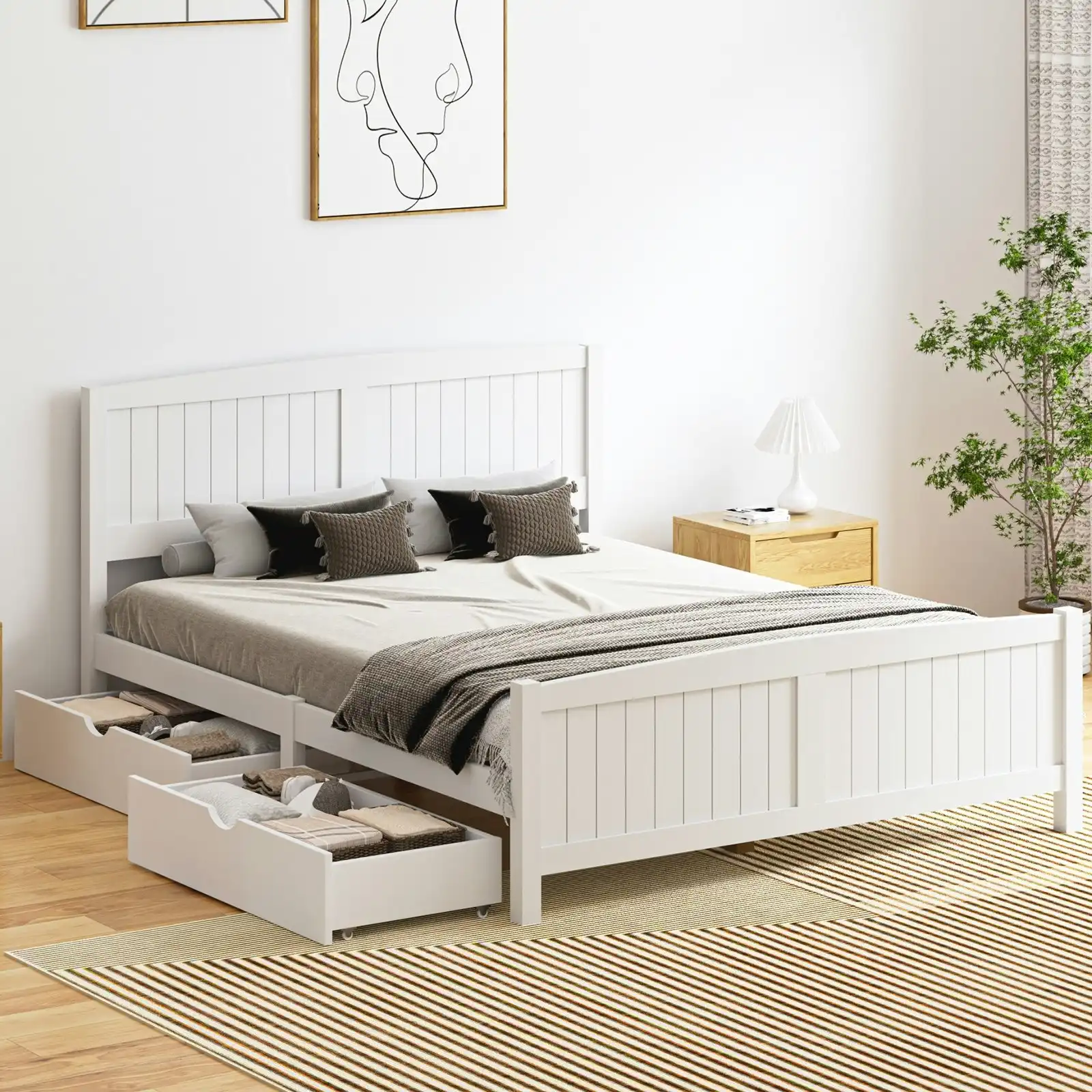 Oikiture Wooden Bed Frame Queen Size Base with Trundle Storage Drawers White