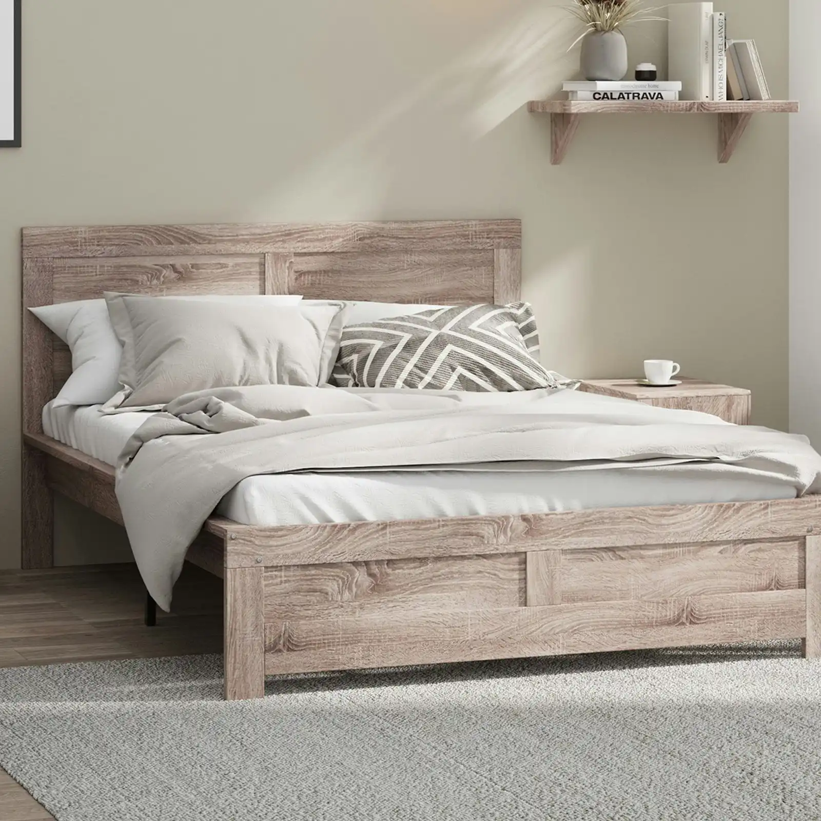 Oikiture Bed Frame Queen Size Wooden Base Beds Platform Timber Light Oak