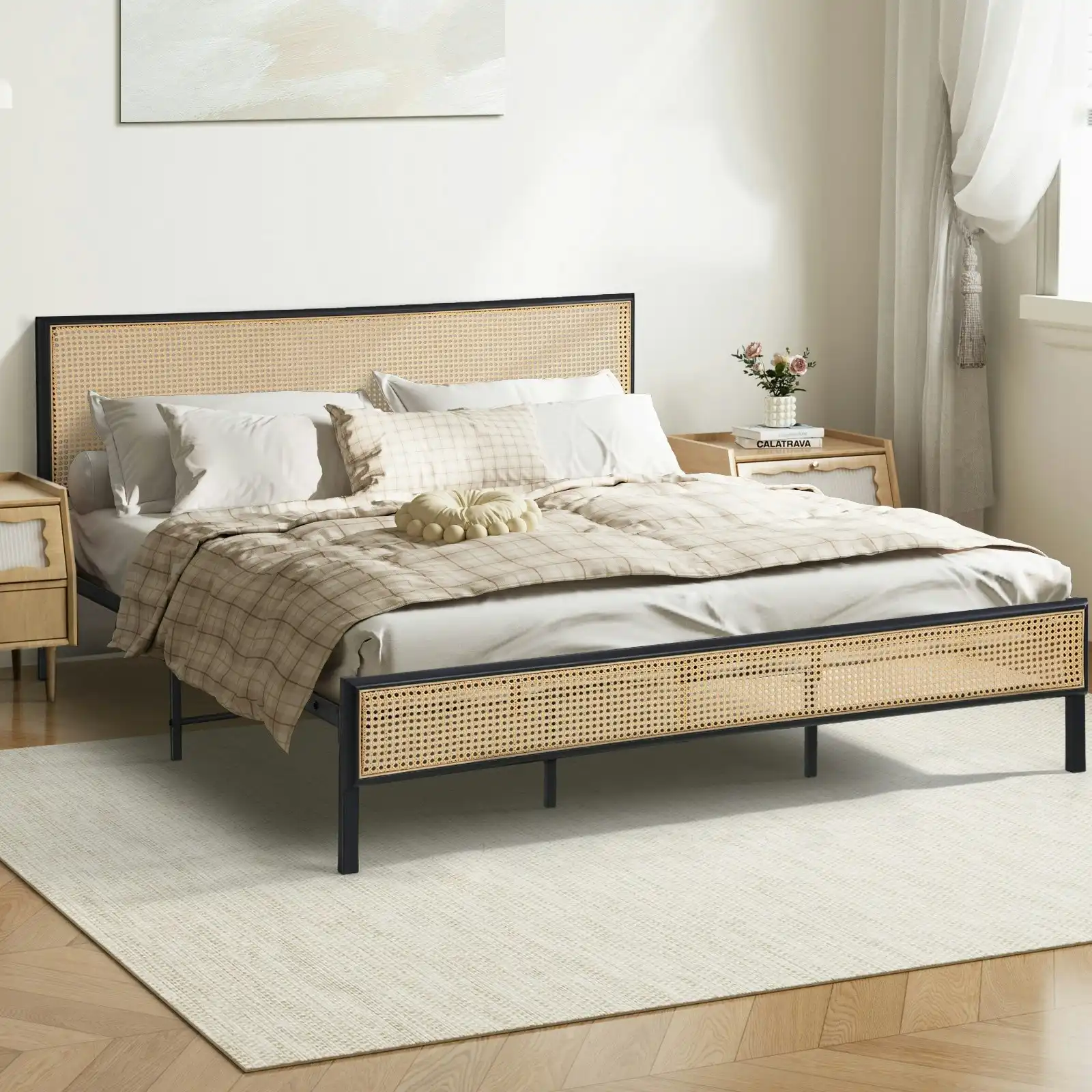 Oikiture Metal Bed Frame King Size Beds Base Platform Rattan