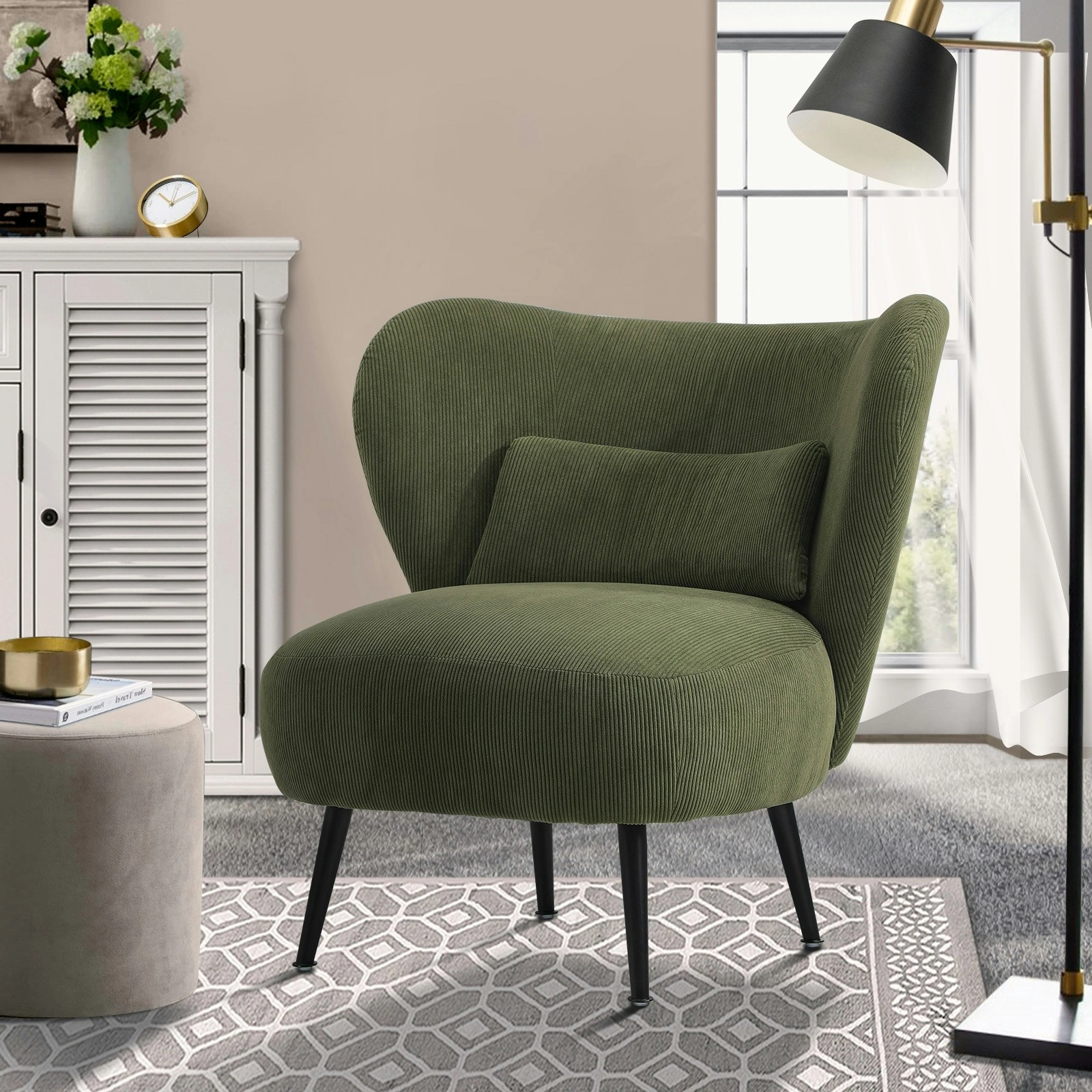 Oikiture Armchair Lounge Chair with Lumbar Pillow Wingback Velvet Green