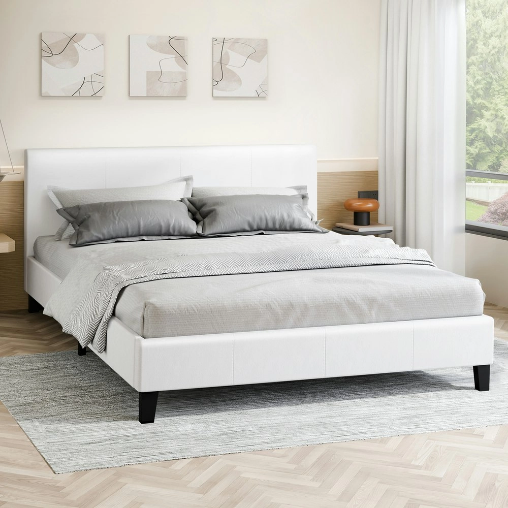 Alfordson Bed Frame King Size Mattress Base Wooden Platform Leather White