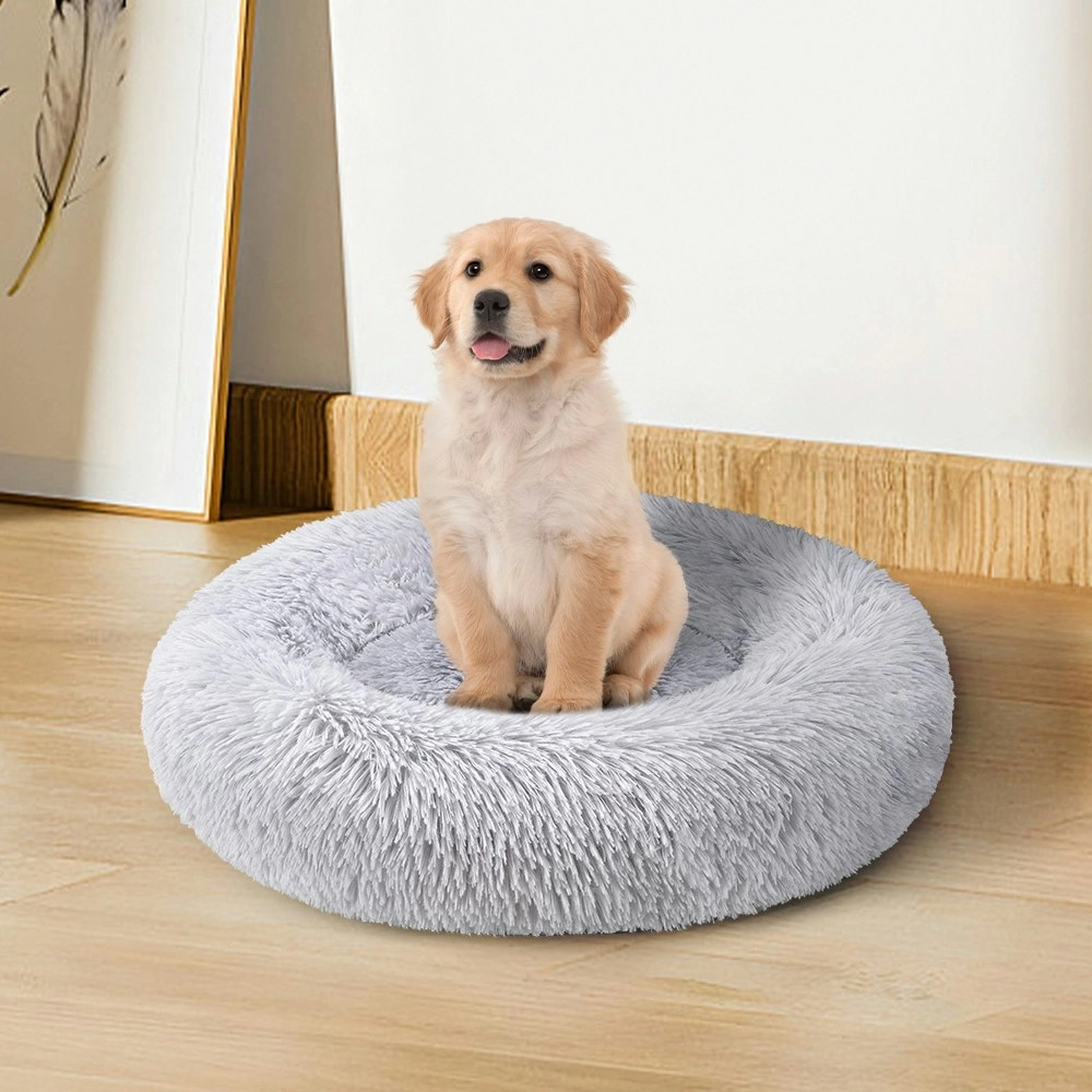 Petzly Dog Cat Calming Bed Warm Soft Plush Round Waterproof 60CM Bed Light Grey