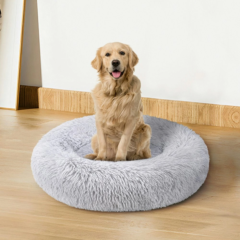 Petzly Dog Cat Calming Bed Warm Soft Plush Round Waterproof 80CM Bed Light Grey