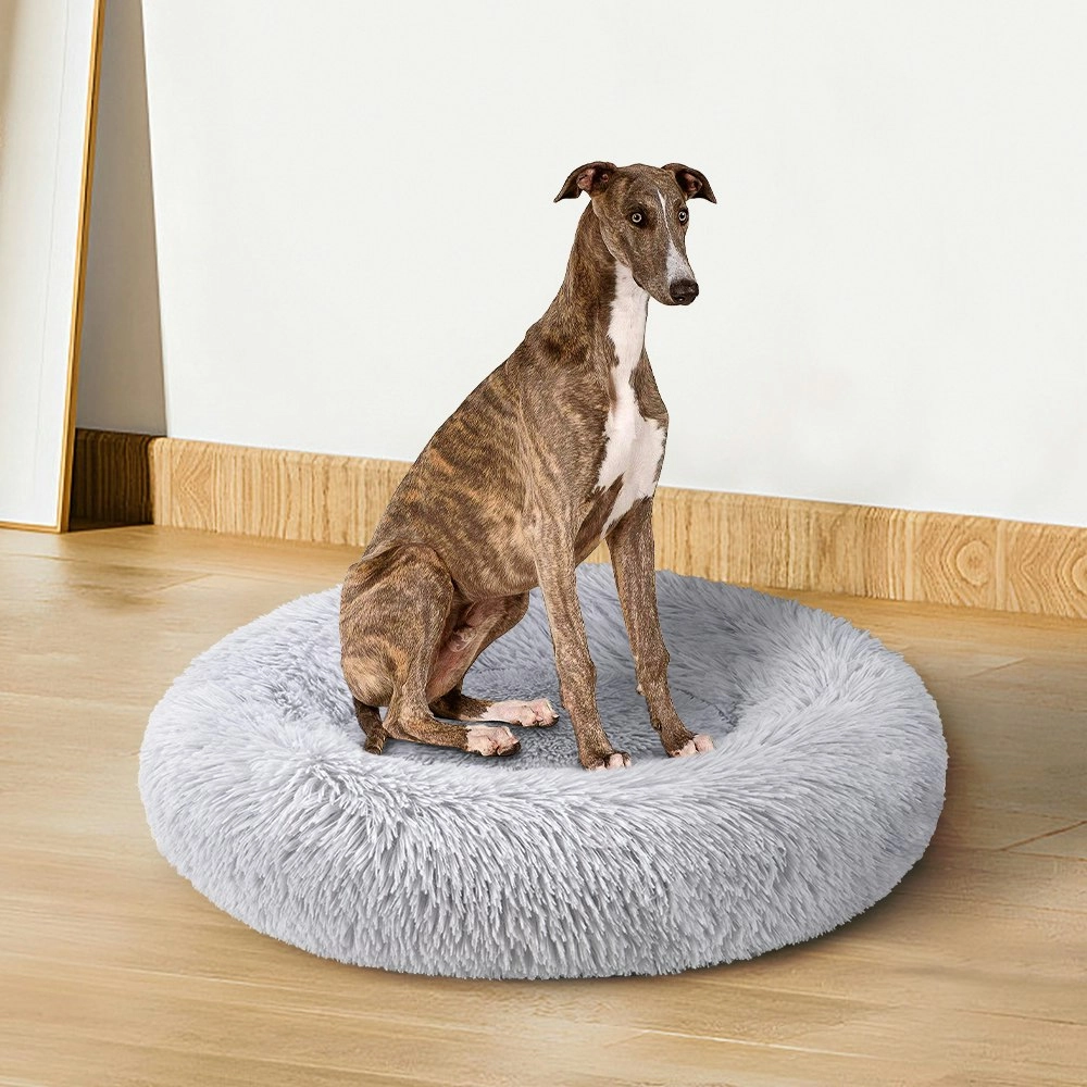 Petzly Dog Cat Calming Bed Warm Soft Plush Round Waterproof 100CM Bed Light Grey