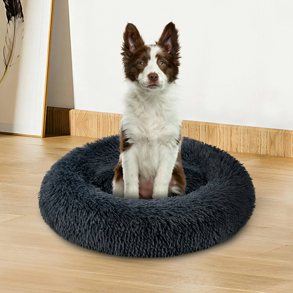 Petzly Dog Cat Calming Bed Warm Soft Plush Round Waterproof 70CM Bed Light Black