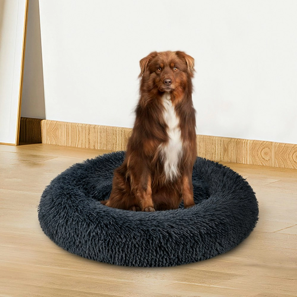 Petzly Dog Cat Calming Bed Warm Soft Plush Round Waterproof 100CM Bed Black