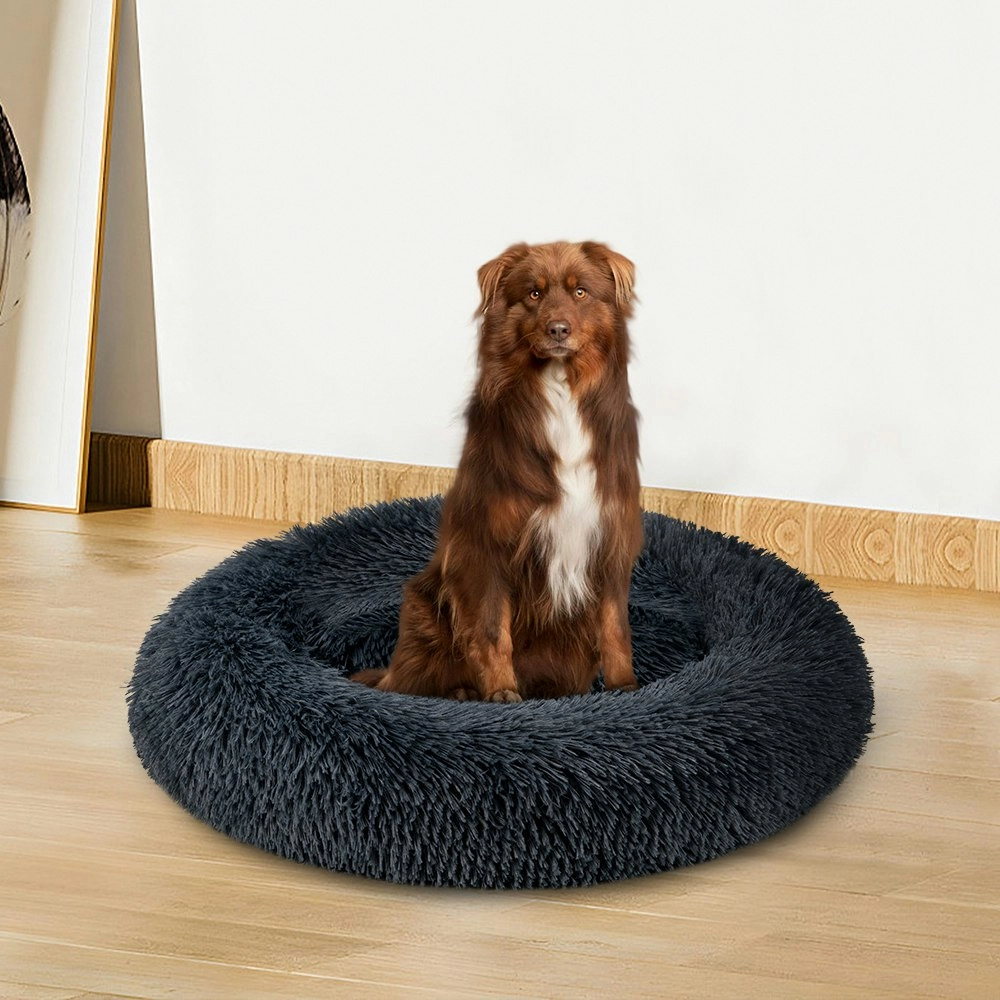 Petzly Dog Cat Calming Bed Warm Soft Plush Round Waterproof 120CM Bed Black