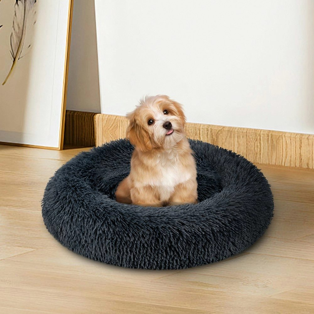 Petzly Dog Cat Calming Bed Warm Soft Plush Round Waterproof 60CM Bed Light Black