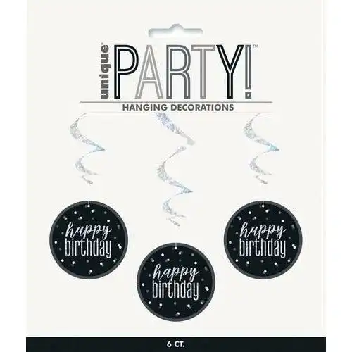 Happy Birthday Prismatic Hanging Swirl Decorations - Black & Silver