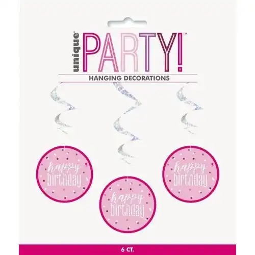 Happy Birthday Prismatic Hanging Swirl Decorations - Pink