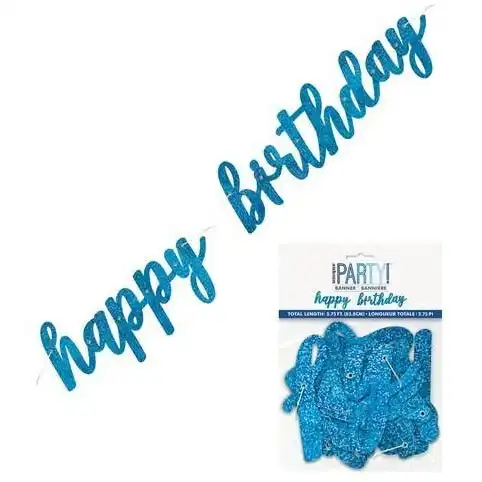 Blue Happy Birthday Prismatic Foil Script Jointed Banner