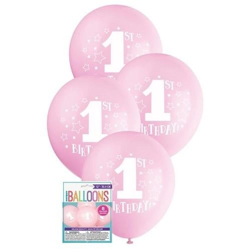 1st Birthday Stars Latex Balloons - Pink