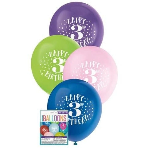 Happy 3rd Birthday 8 x 30cm Balloons Assorted Colours