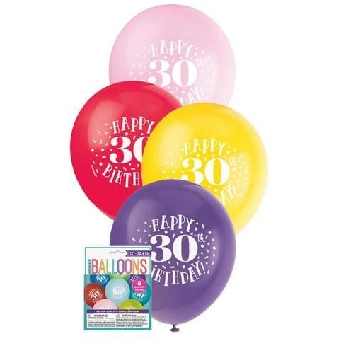 Happy 30th Birthday 8 x 30cm Balloons Assorted Colours