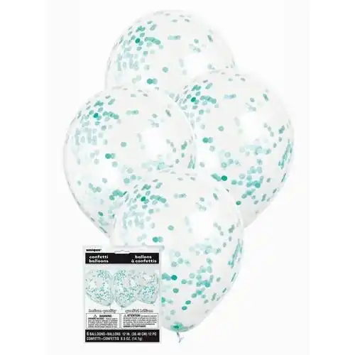 Clear Latex Balloons With Caribbean Teal Confetti 30cm 6Pk