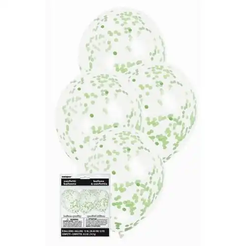 Clear Latex Balloons With Lime Green Confetti 30cm 6Pk