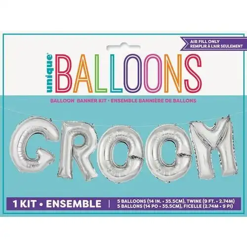 Groom Letters Foil Balloon Banner Kit -  Silver