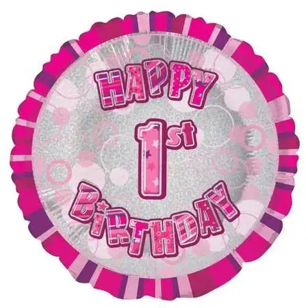 Glitz Pink 1st Birthday Round 45cm Foil Balloon Packaged