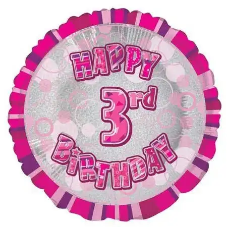 Glitz Pink 3rd Birthday Round 45cm Foil Balloon Packaged