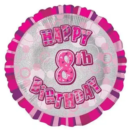 Glitz Pink 8th Birthday Round 45cm Foil Balloon Packaged