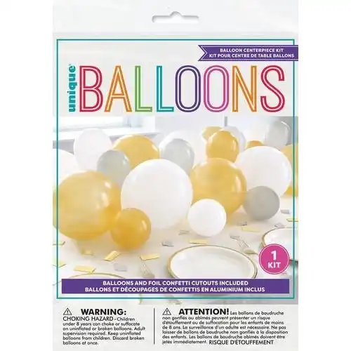 Gold, Silver & White Latex Balloon Centrepiece Kit