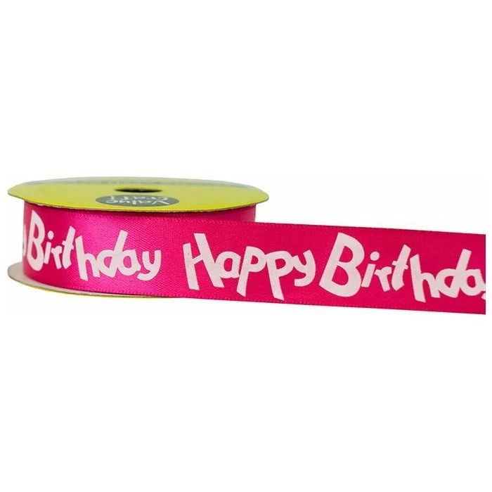 Satin Ribbon - Happy Birthday Pink & White