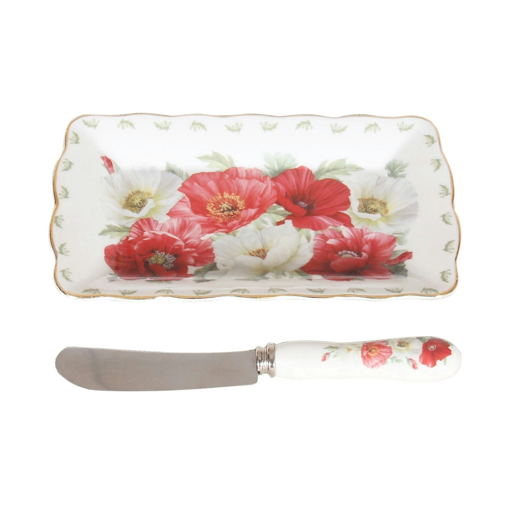 New Poppies on White Fine Bone China - Cheese Platter & Knife