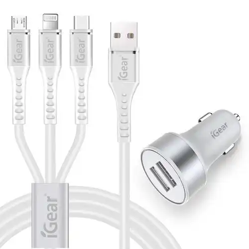 iGear Car Charger 3 In 1 Charging Cable - White