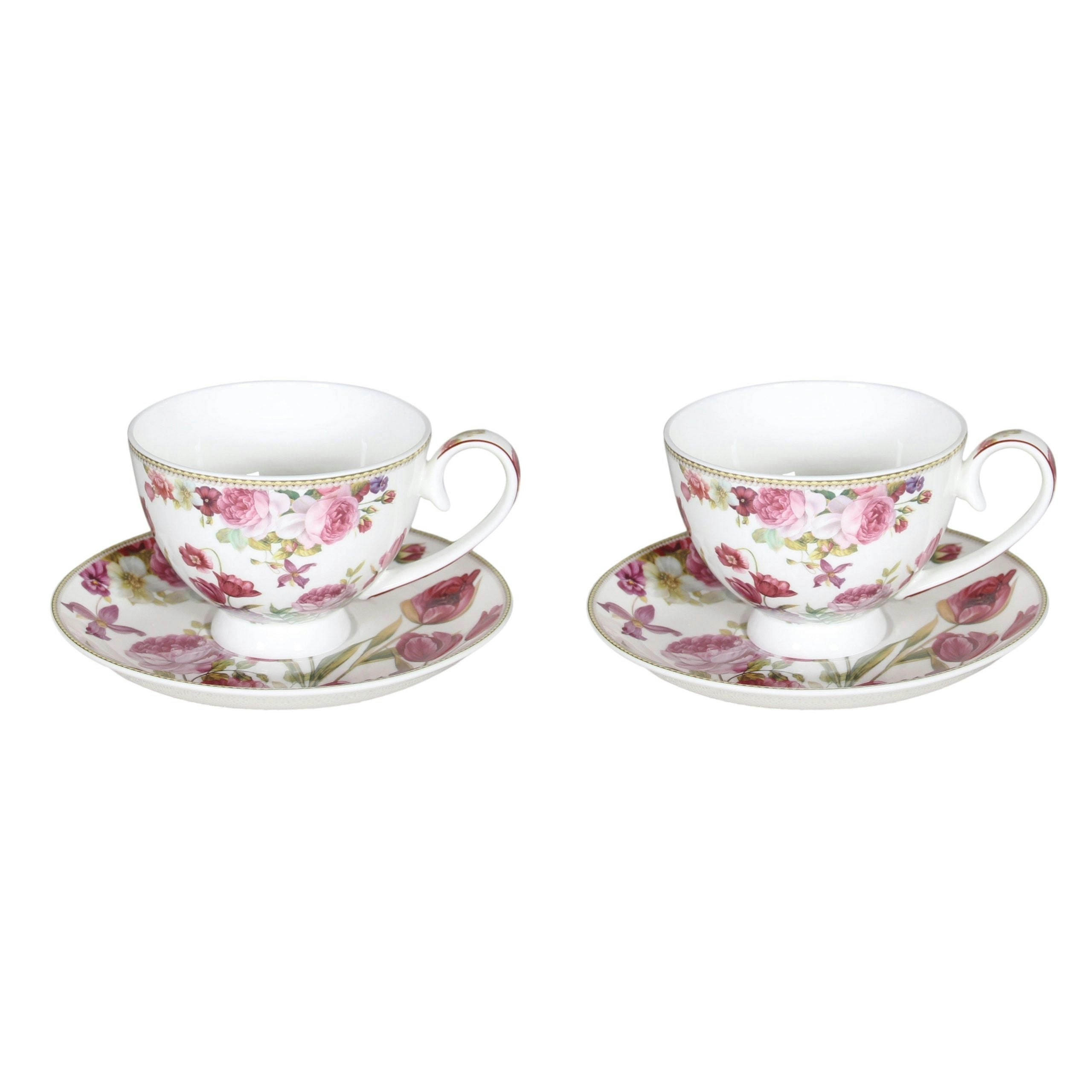 Rose & Tulip Fine Bone China 2 Cup & Saucer Set