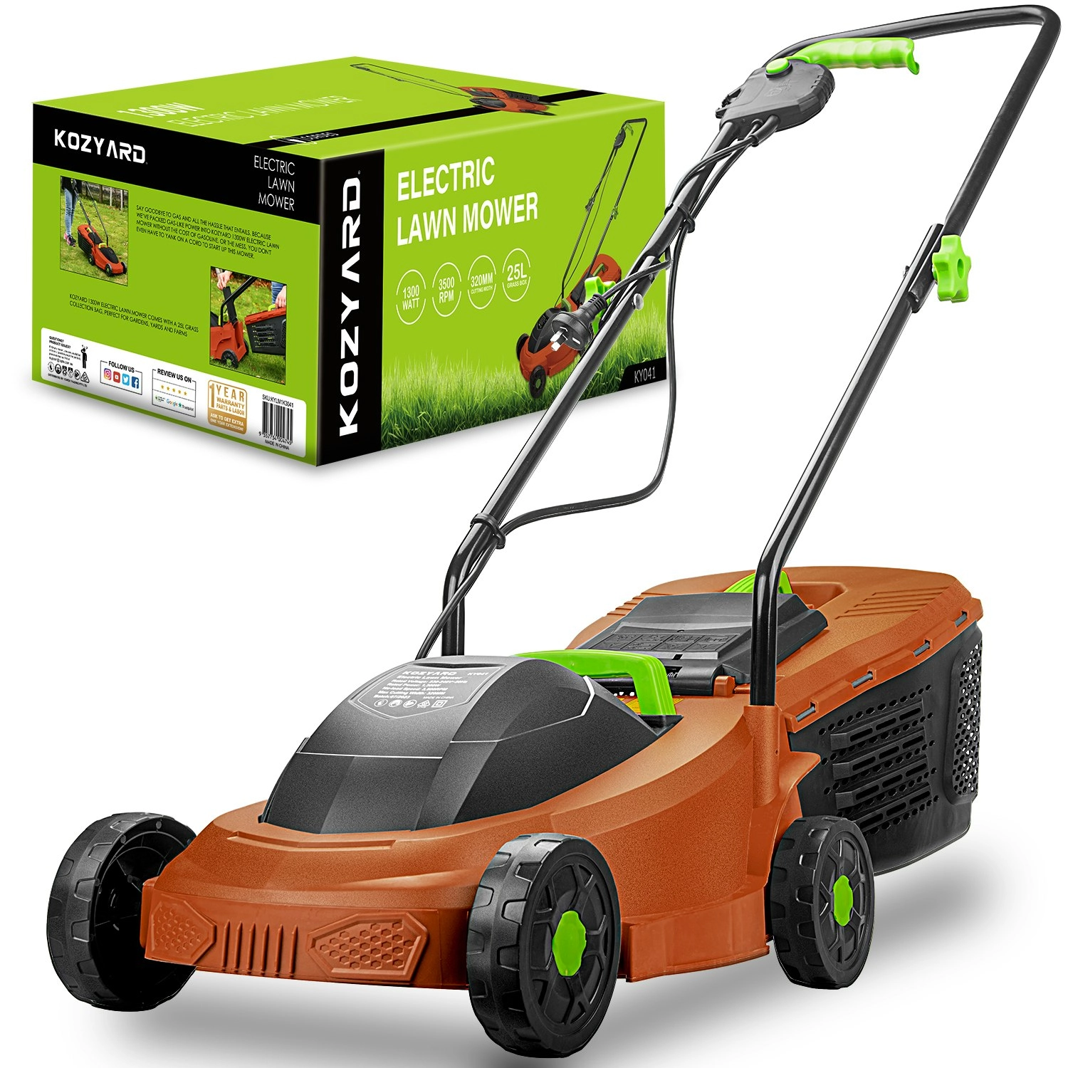 Kozyard 1300w Electric Lawn Mower,2-in-1 Grass Box Or Mulch Electric Weeder,2-Position Height Adjustment