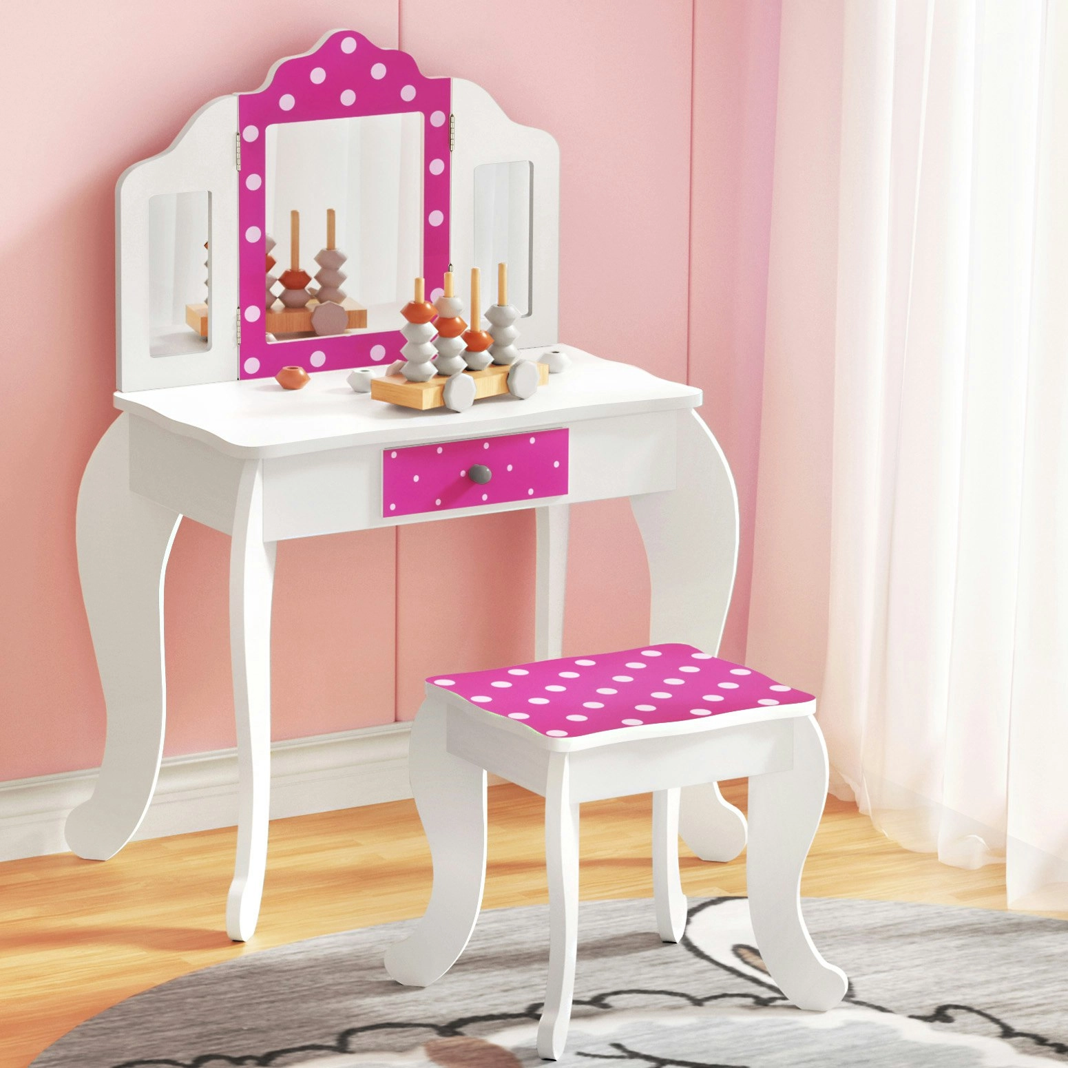 Keezi Kids Dressing Table Vanity Makeup Chair Set Wooden 3 Mirror Drawer Pink