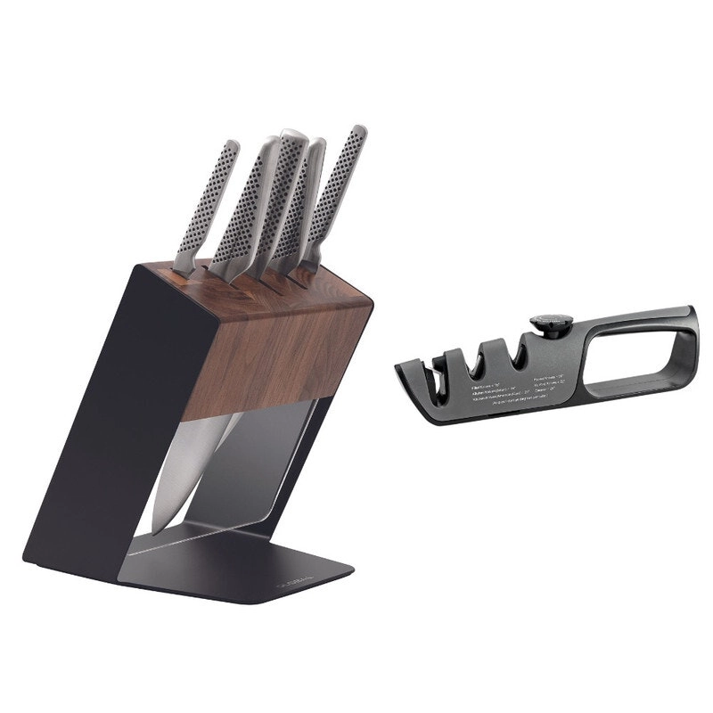 Global & ShervinVerkil Katana 6 Piece Knife Block Set with bonus sharvin verkil sharpener