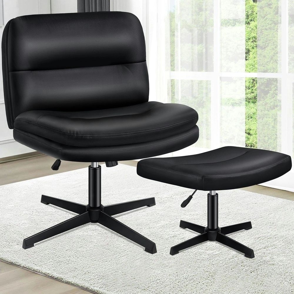 Alfordson Office Chair Computer Cross-legged Seat Work Ottoman PU Leather Black