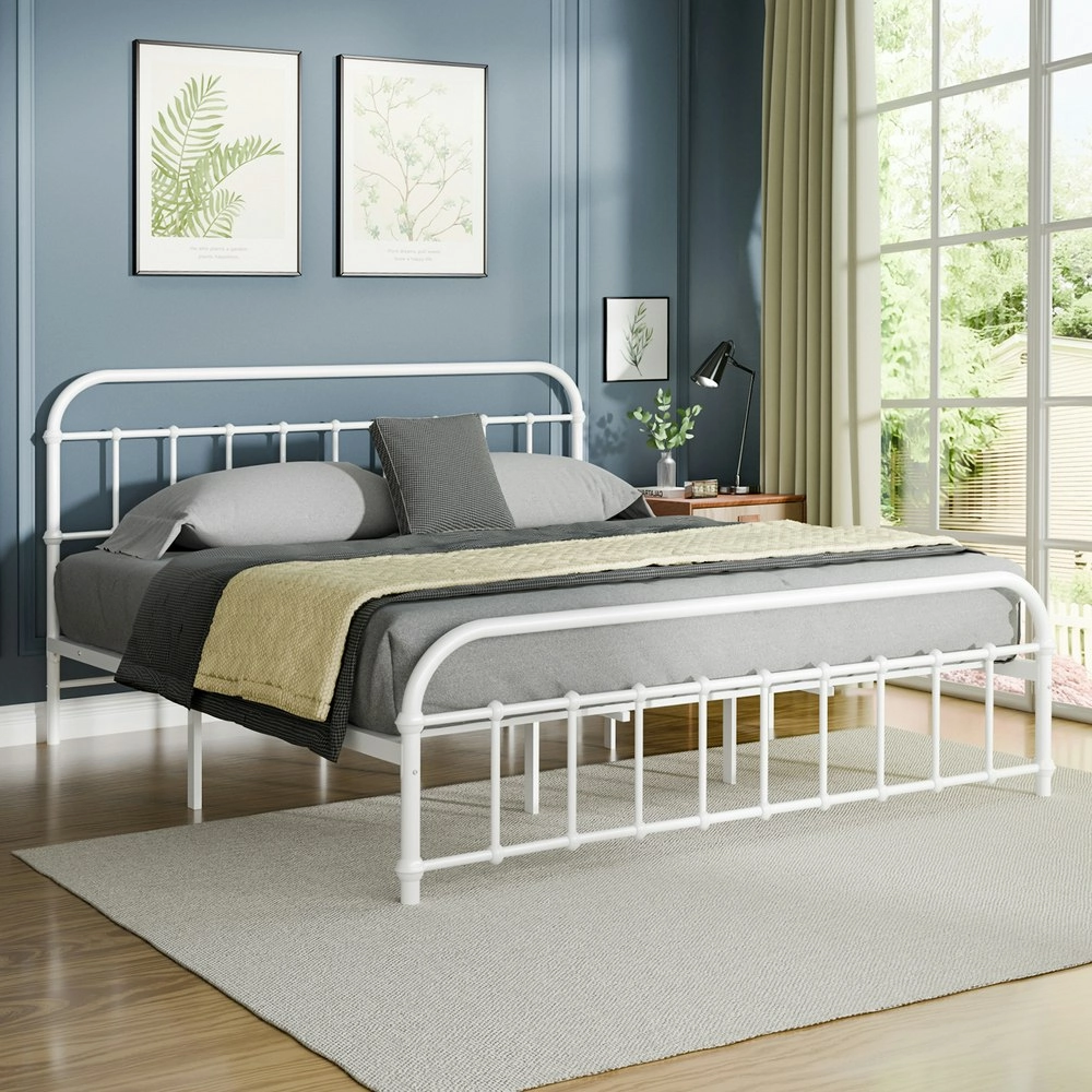 Alfordson Metal Bed Frame King Size Mattress Base Industrial Platform White