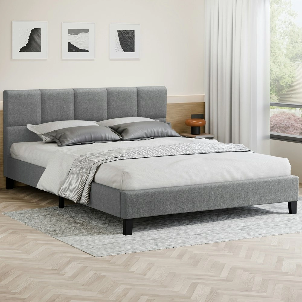 Alfordson Bed Frame Double Size Wooden Platform Mattress Base Fabric Grey