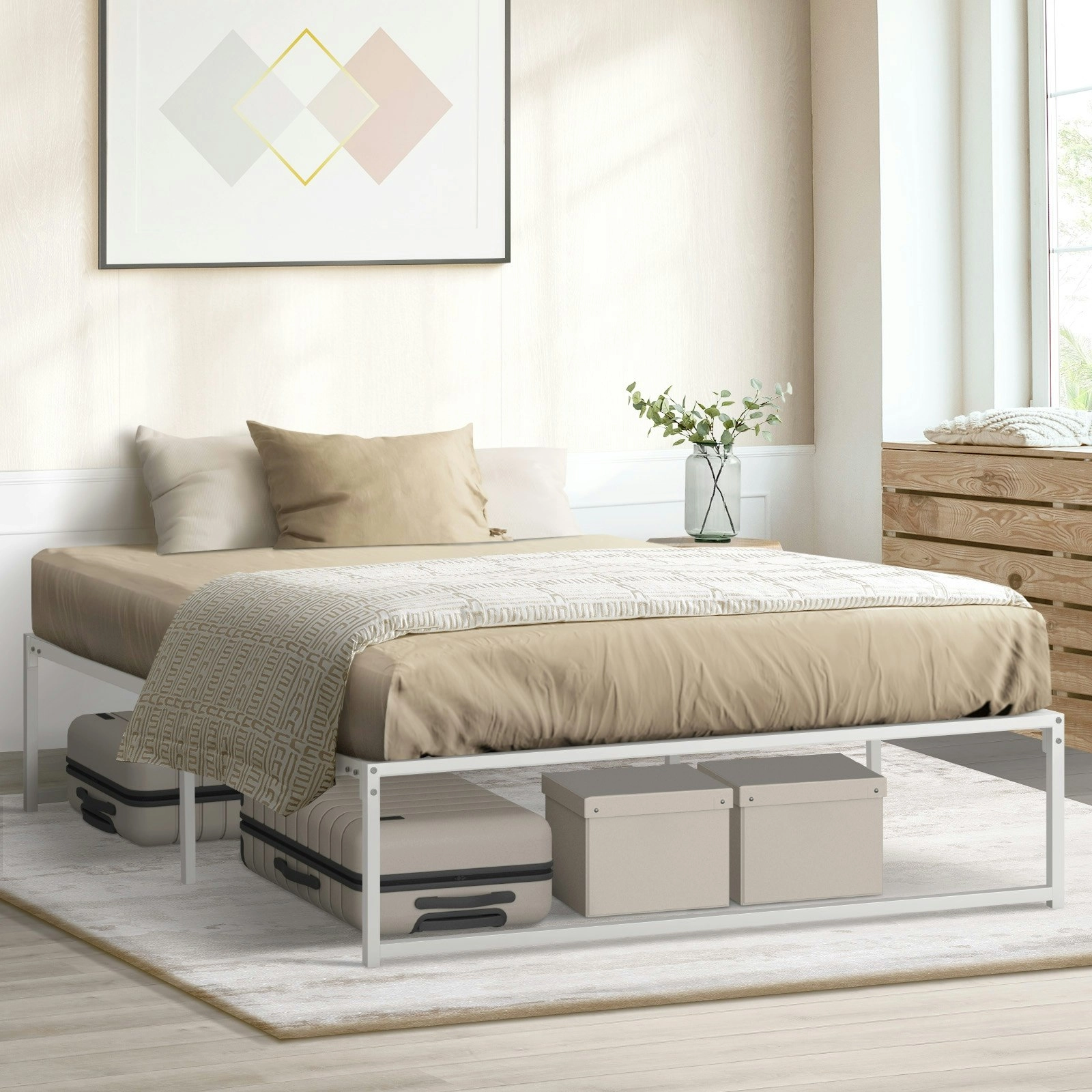 Oikiture Metal Bed Frame Queen Size Beds Base Platform White