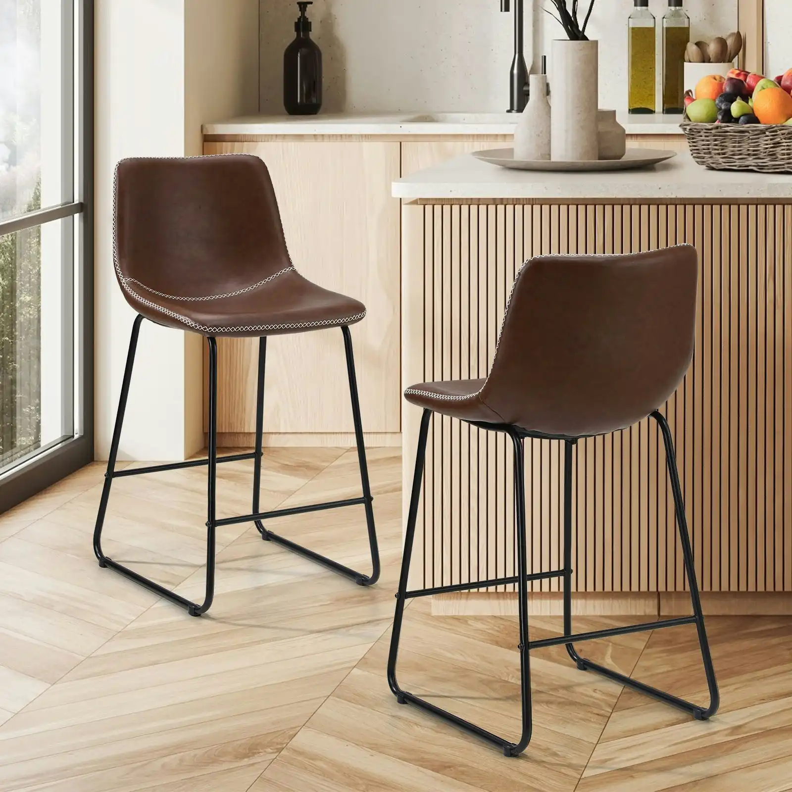 Oikiture 2x Bar Stools Kitchen Dining Chairs Leather Metal Brown